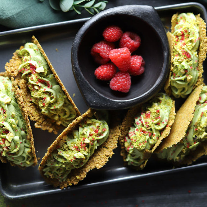 Image of Bienetta Tacos filled with Pistachio-Matcha Mousse