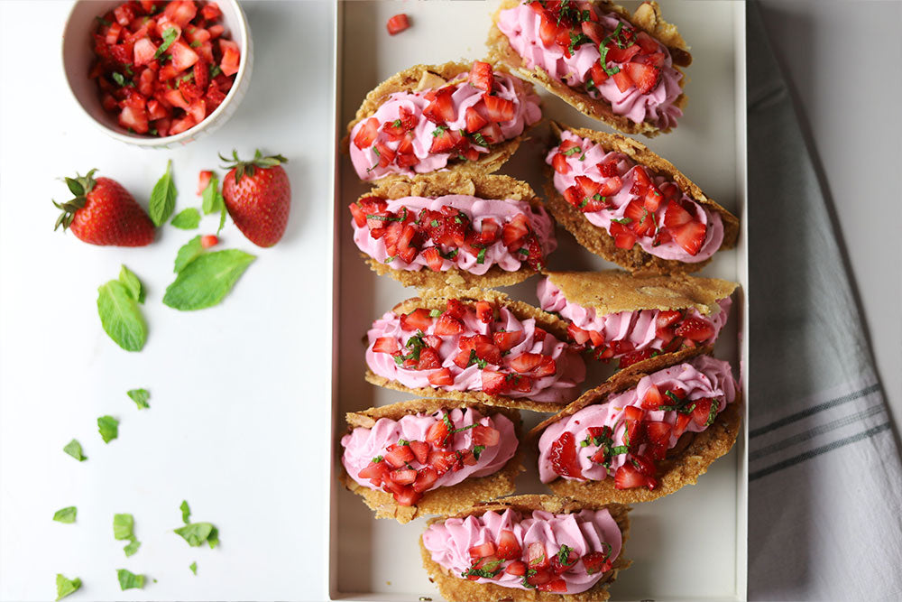 Image of Bienetta tacos filled with Raspberry Fond Royal Mousse, garnished with a refreshing strawberry-mint salsa.