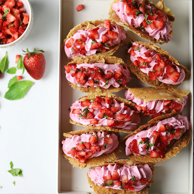 Image of Bienetta tacos filled with Raspberry Fond Royal Mousse, garnished with a refreshing strawberry-mint salsa.