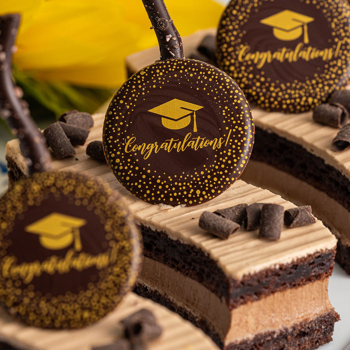 Congratulations Grad Chocolate Plaque on Chocolate Cake Slice
