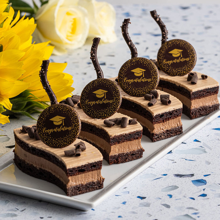 Congratulations Grad Chocolate Plaque on Chocolate Cake Slices