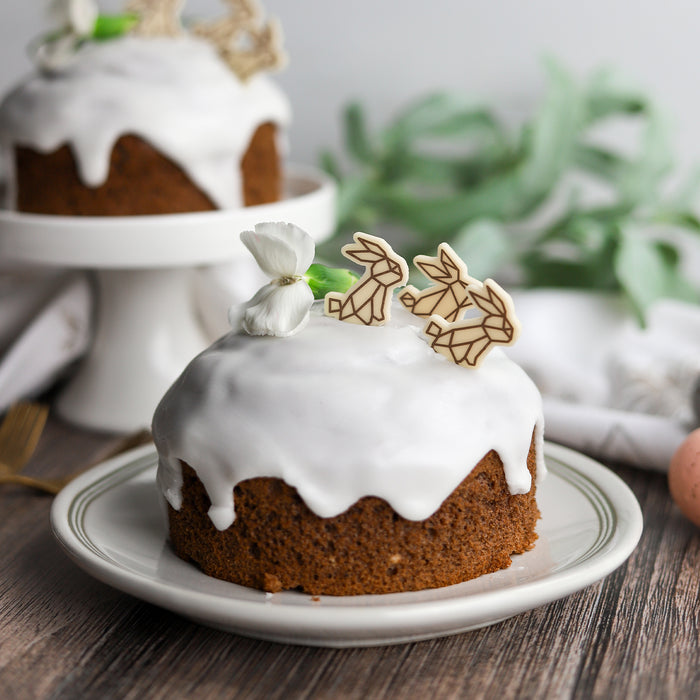 Carrot Cake with Drippy Glaze topped with Origami Rabbit Chocolate Decor