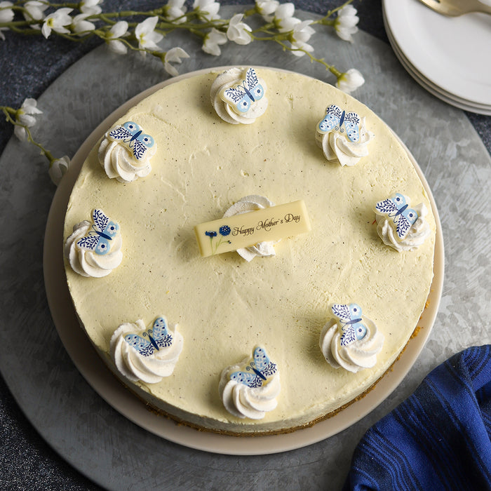 Vanilla Cheesecake with Blue Porcelain Butterfly Chocolate Plaque Decor