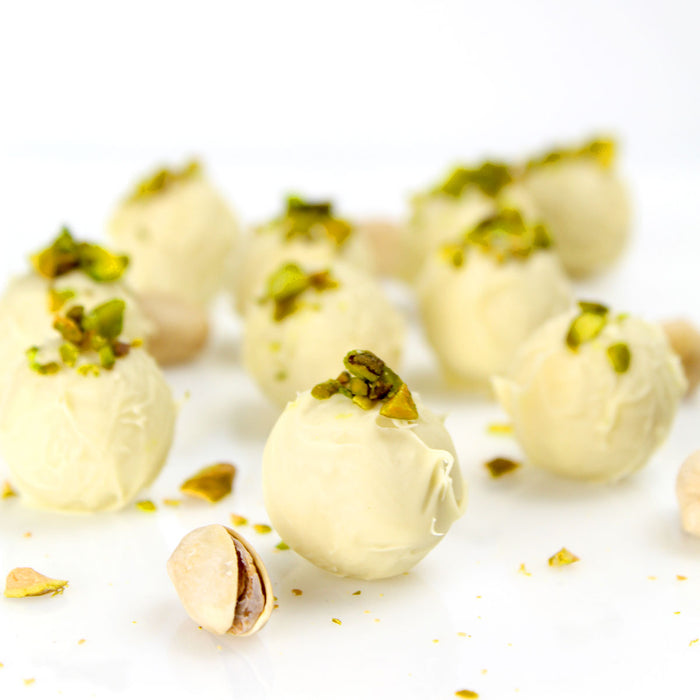 Filled White Chocolate Truffle Shells with Crushed PIstachios