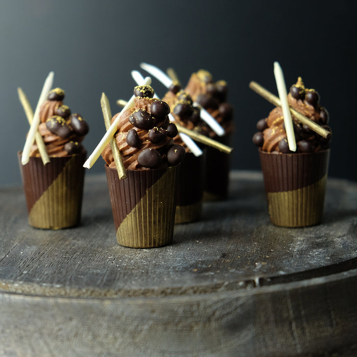 Chocolate Cups with Gold Powder filled with Chocolate Mousse