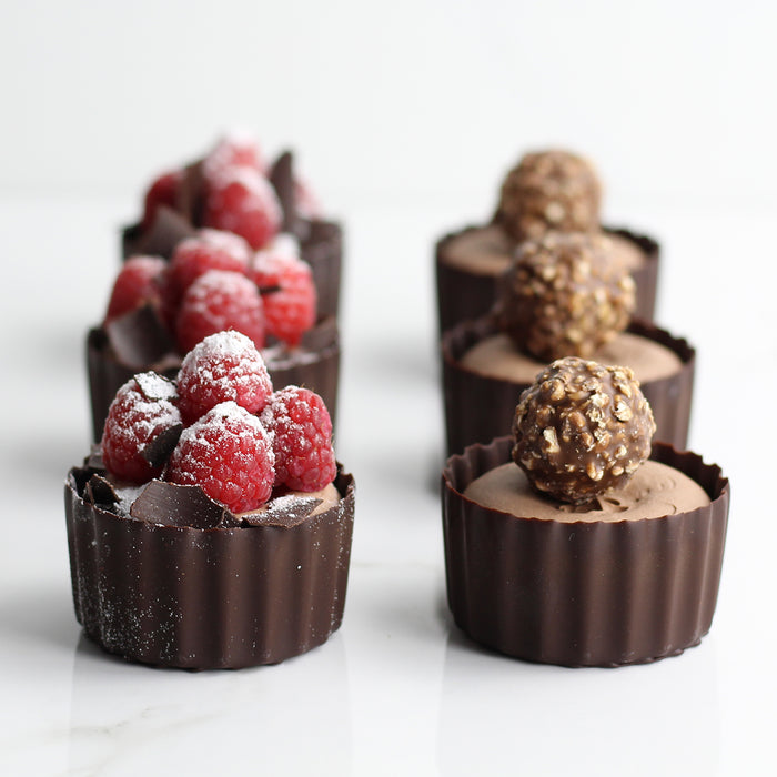 Chocolate Mousse-filled Cus with Raspberry and Chocolate Toppings