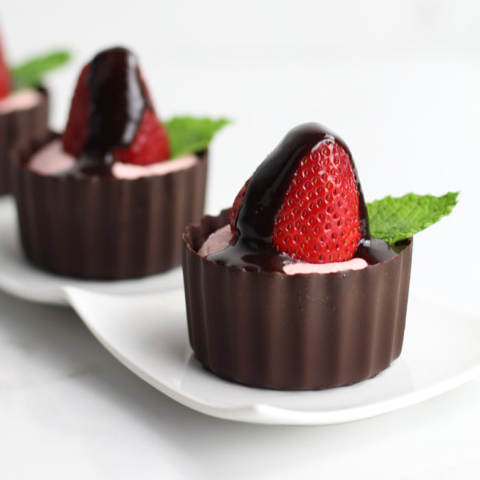 Strawberry Mousse-filled Cup with Chocolate Covered Strawberry and Mint