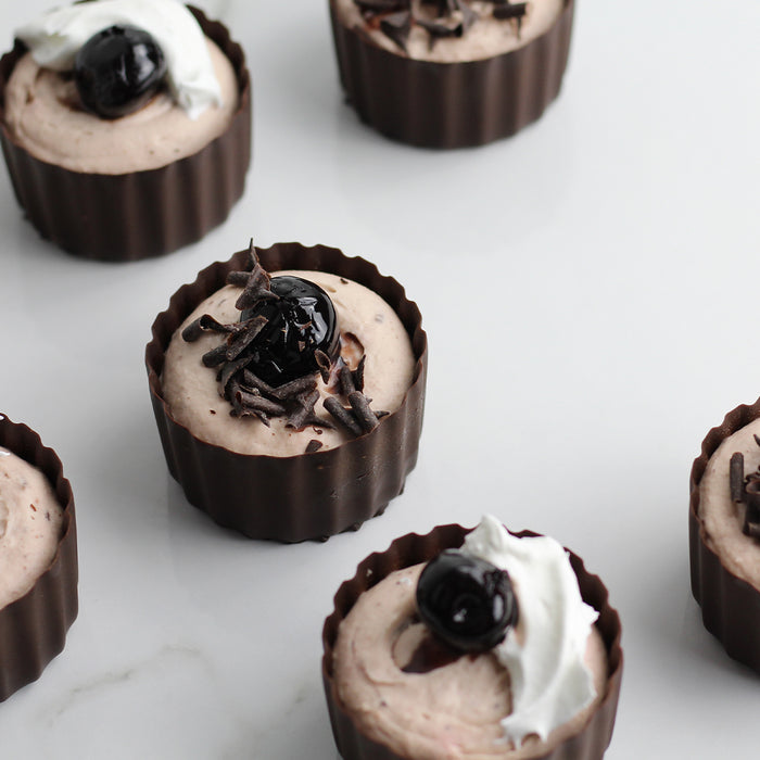 Amarena Cherry Mousse-filled Cups with Cherry and Chocolate Toppings