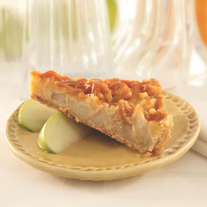 Caramel apple granny dessert bar on plate with apple slices