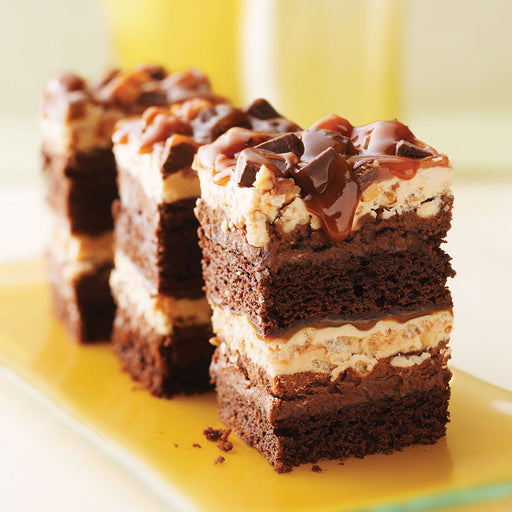 Chocolate peanut butter slices in a row