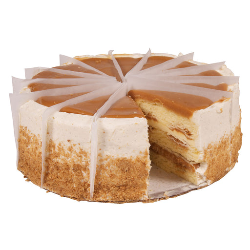 9" salted caramel vanilla crunch cake, full cake with missing slice